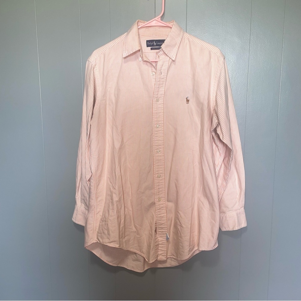 Ralph Lauren Orange and White Cotton Striped Button Down Medium